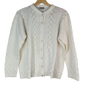 Keneth Too Sweater Cardigan White Large Laser-Cut Diamond Button Long Sleeve VTG